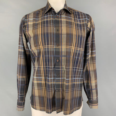 TED BAKER Talla L Camisa de manga larga con puño francés de algodón a cuadros marrón tostado