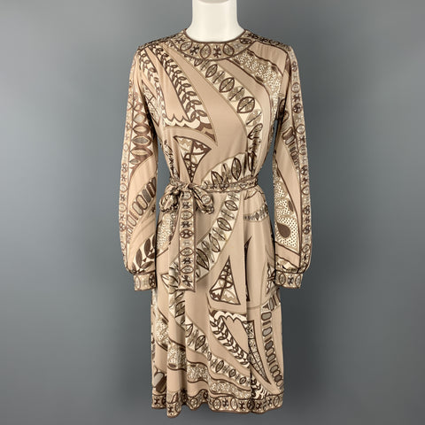 EMILIO PUCCI Vintage Size 8 Taupe Print Silk Long Sleeve Shift Dress Sui Generis Designer Consignment EMILIO PUCCI Vintage Size 8 Taupe Print Silk Long Sleeve Shift Dress Sui Generis Designer Consignment