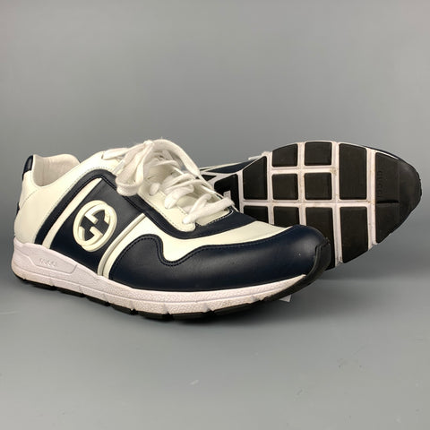 GUCCI Size 9 White & Navy Color Block Leather Lace Up Sneakers