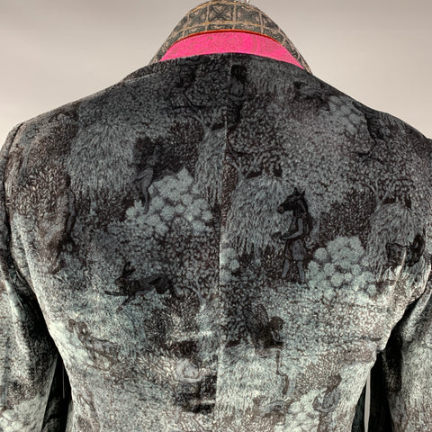 ETRO Size 44 Black & Grey Print Viscose / Silk Notch Lapel Sport Coat