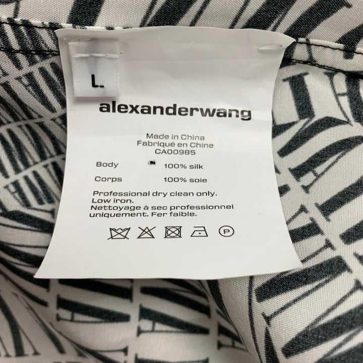 ALEXANDER WANG Size L White & Black Logo Silk Camp Short Sleeve Shirt
