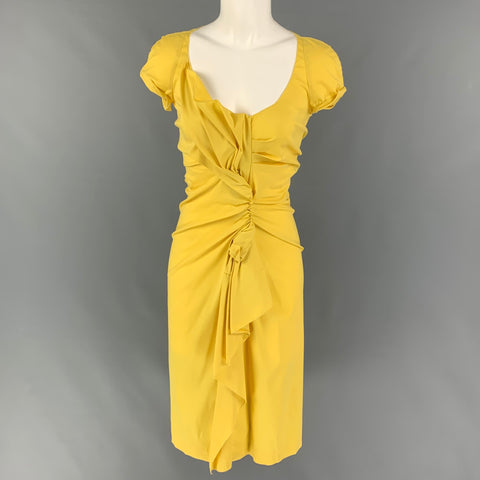PRADA Size 4 Yellow Cotton Blend Ruched Short Sleeve Dress