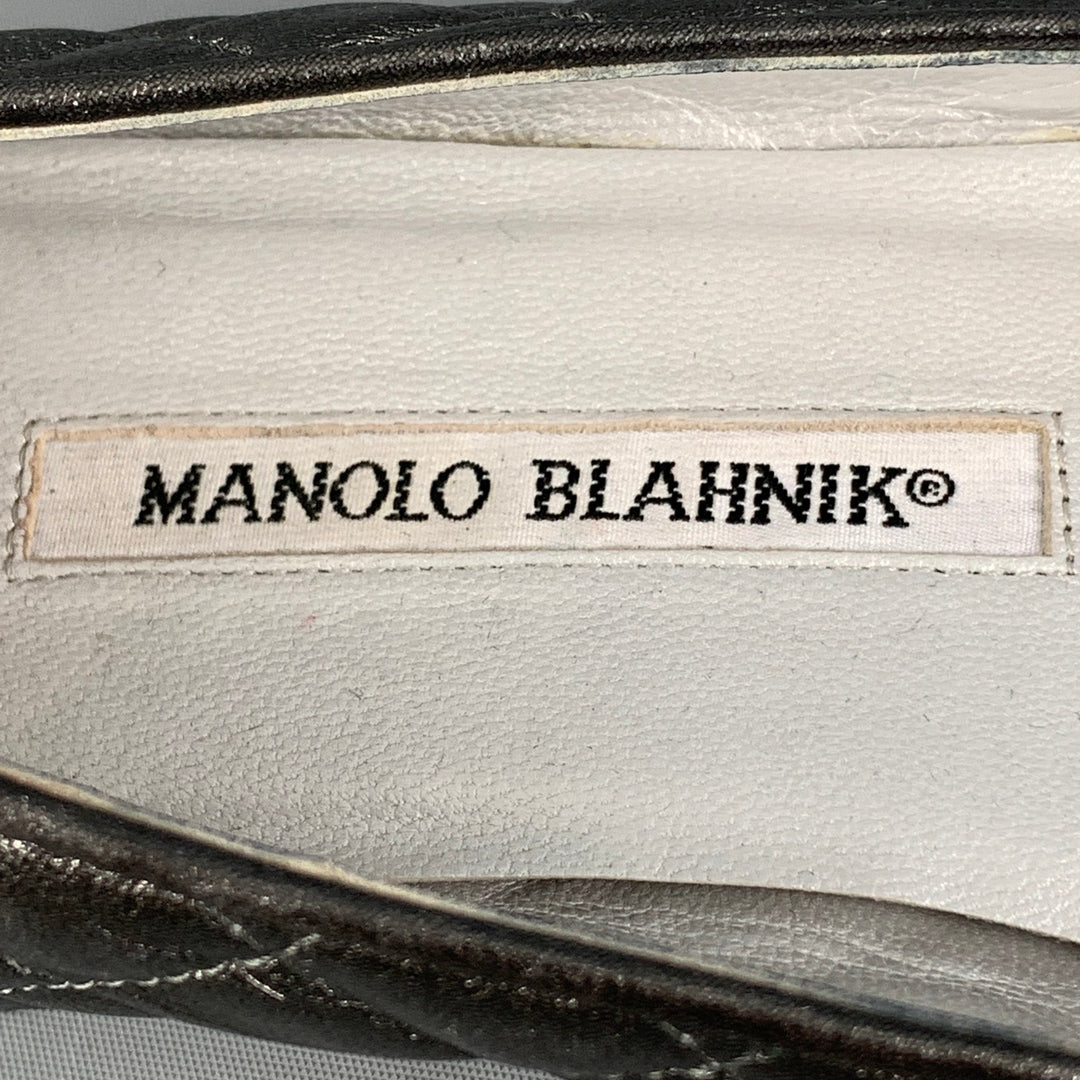 MANOLO BLAHNIK Giungla Size 10.5 Silver Ballerina Rounded Quilted Leather Flats
