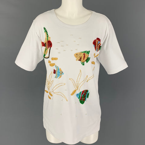 BOB MACKIE Size S White Multi-Color Polyester Cotton Beaded T-Shirt