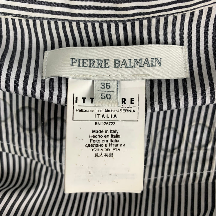PIERRE BALMAIN Talla M Camisa de manga larga de algodón con rayas plateadas en blanco y negro