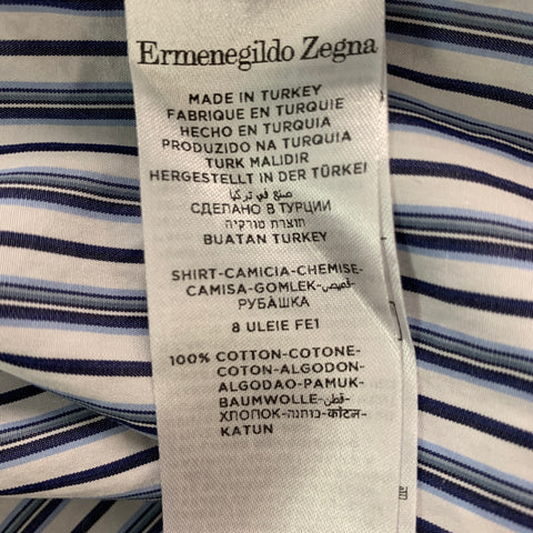 ERMENEGILDO ZEGNA Size M White & Navy Stripe Cotton Long Sleeve Shirt