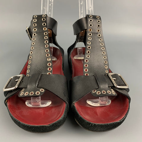 ISABEL MARANT Size 8 Black & Silver Leather Suede T-strap Flats