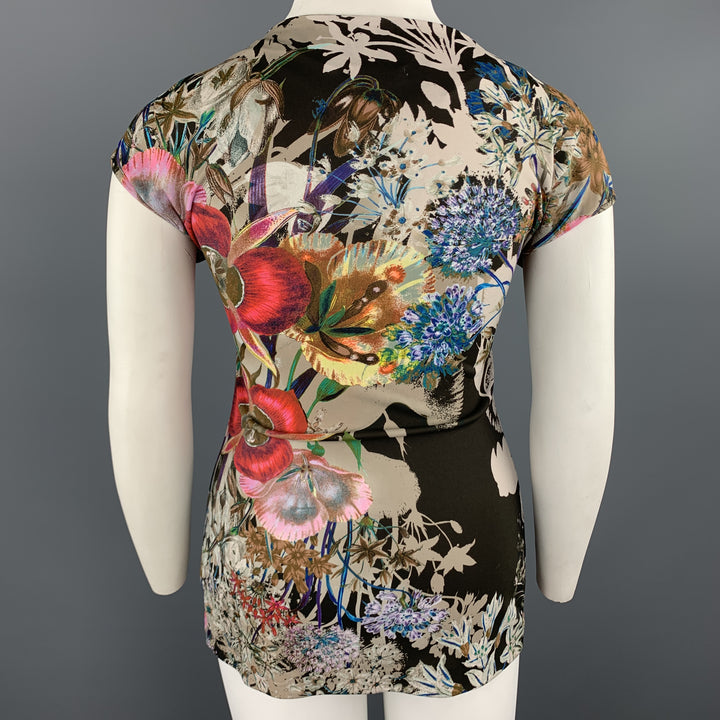 ETRO Size 12 Beige Multi-Color Floral Draped Jersey Blouse