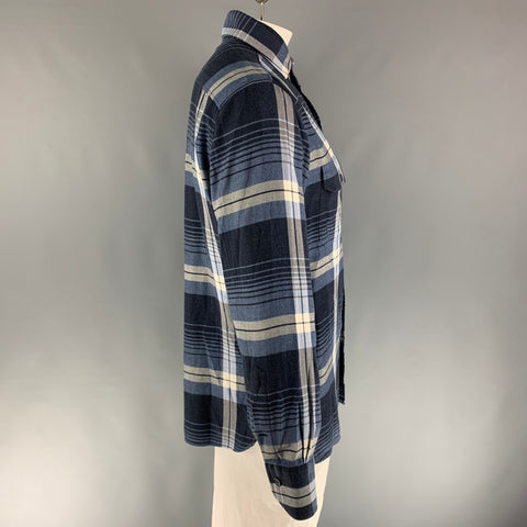 TOM FORD Size XL Navy Blue & White Plaid Cotton Flanel Long Sleeve Shirt