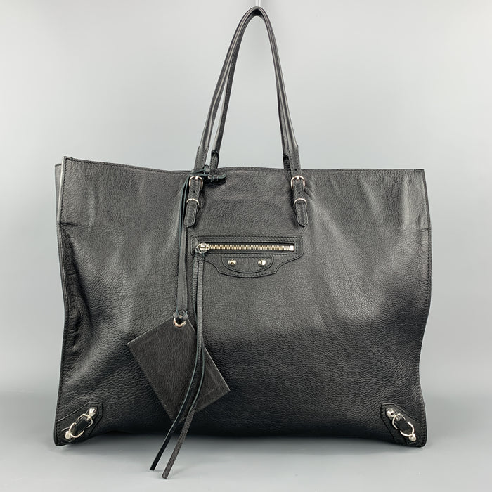BALENCIAGA Black Textured Leather Large CITY Tote Handbag