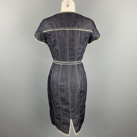 CAROLINA HERRERA Size 4 Blue Cotton / Linen Contrast Stitch Sheath Dress