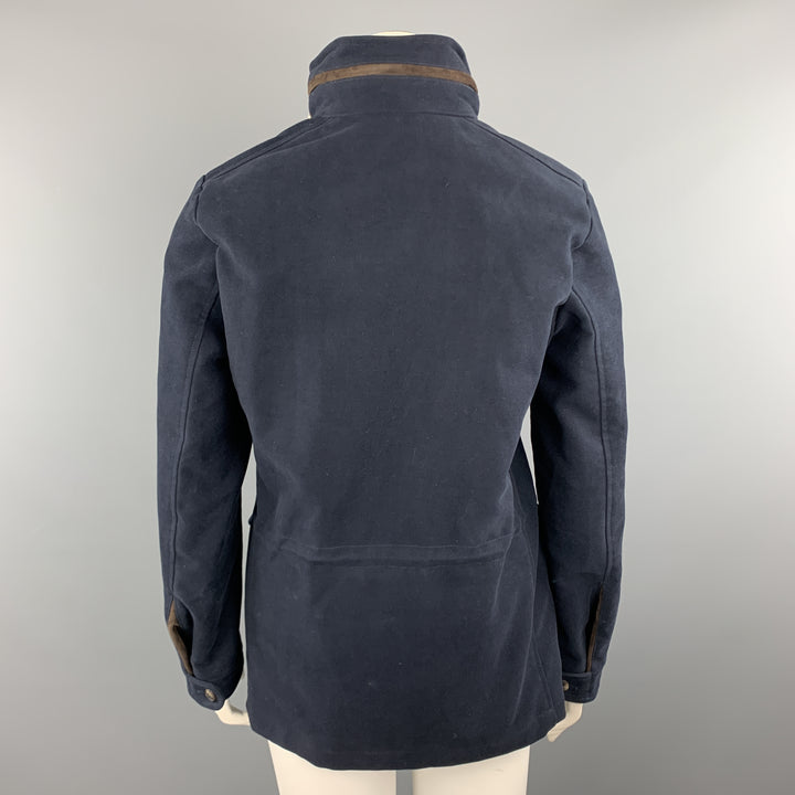 LORO PIANA Size 10 Navy Cotton High Collar Zip Hood Jacket