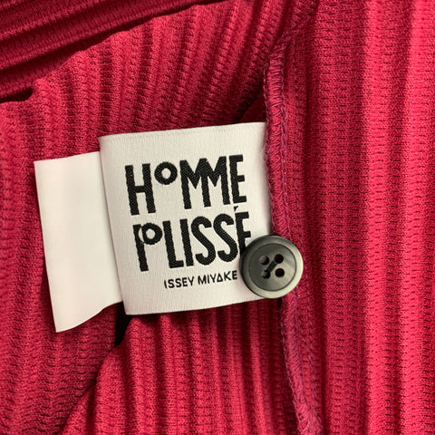 ISSEY MIYAKE HOMME PLISSE Size M Raspberry Pleated Polyester Band Collar Long Sleeve Shirt