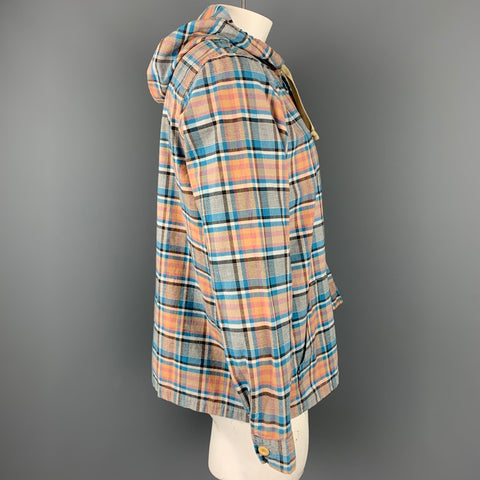 ARPENTEUR Size XL Blue & Tan Plaid Cotton Hooded Pop-Over Shirt
