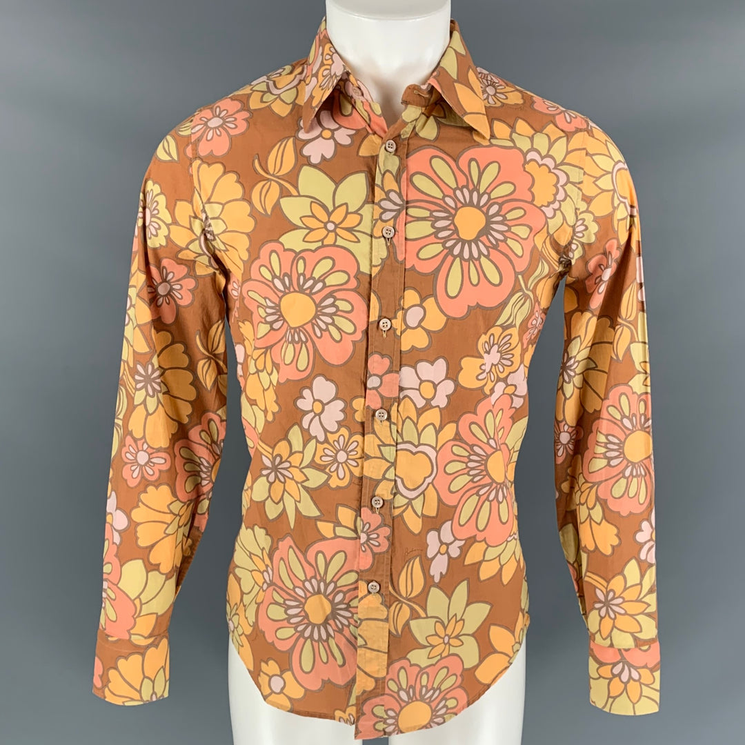 BURBERRY PRORSUM Spring 2006 Size M Brown & Orange Floral Cotton Button Down Long Sleeve Shirt
