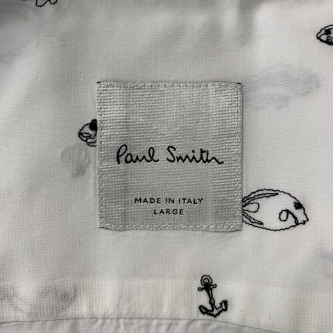 PAUL SMITH Size L White & Black Embroidery Cotton &  Polyester Short Sleeve Shirt