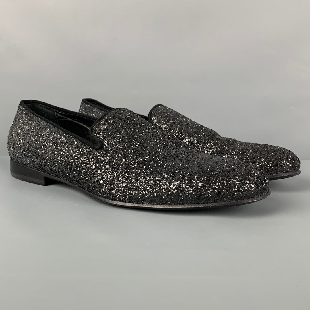JOHN GALLIANO Size 13 Black Silver Glitter Suede Slip On Loafers