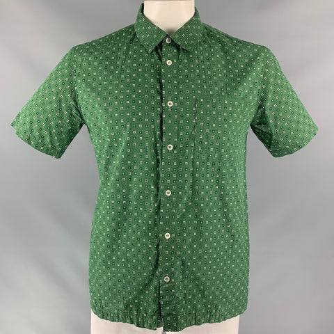 A.P.C. Size XL Green Geometric Cotton & Silk Button Down Short Sleeve Shirt