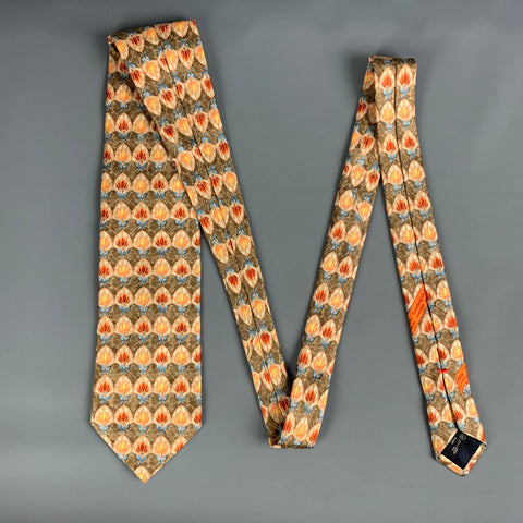 ERMENEGILDO ZEGNA Brown Red & Orange Abstrack Floral Silk Tie