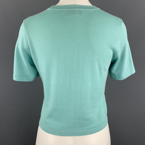 ETRO Size 6 Mint Blue Cotton Knit Silk Scarf Front Pullover