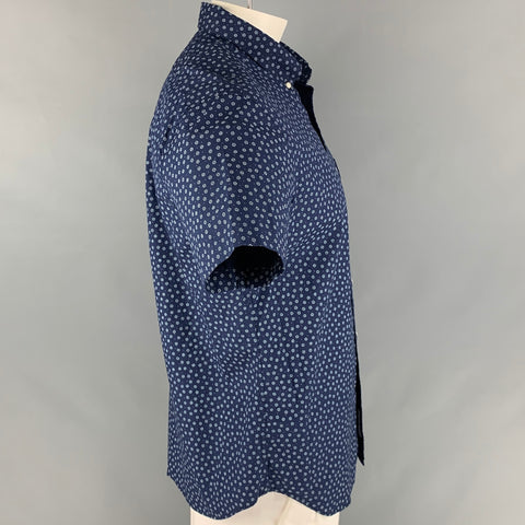 J.CREW Size L Navy White Floral Cotton Short Sleeve Shirt