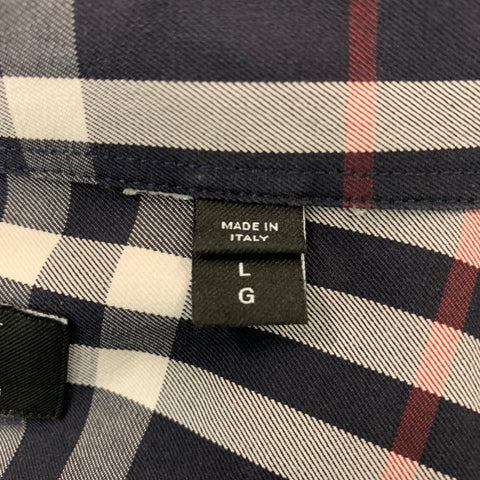 BURBERRY Size L Navy White & Red Plaid Cotton Button Down Short Sleeve Shirt
