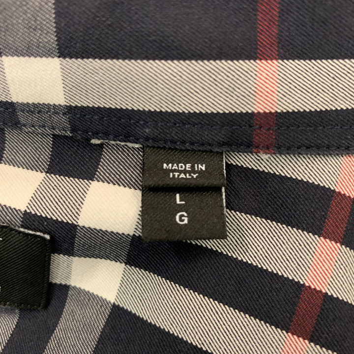 BURBERRY Taille L Chemise à manches courtes boutonnée en coton à carreaux blanc et rouge marine