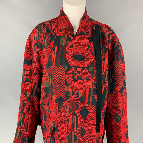 DEREK LAM Size 6 Red & Black Geometric Print Acrylic Blend Collarless Coat