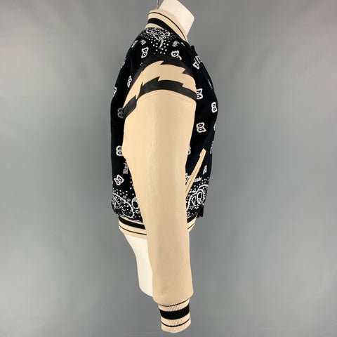 RHUDE SS 22 Taille S Veste Bomber en Cuir Brodé en Coton Crème Noir