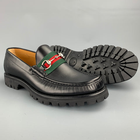 GUCCI Size 10 Black Leather Web Horsebit Lug Sole Loafers