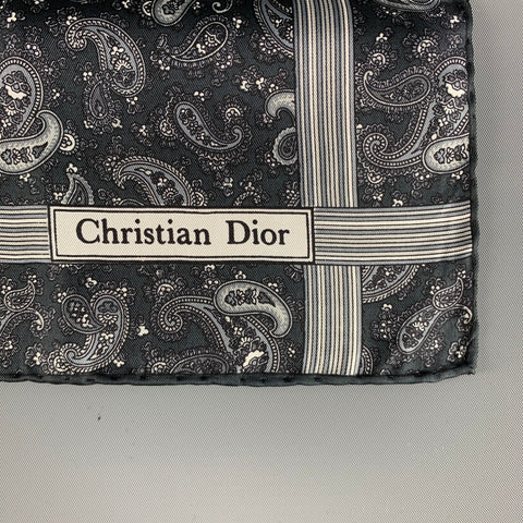 CHRISTIAN DIOR Black White & Grey Paisley Silk Satin Pocket Square