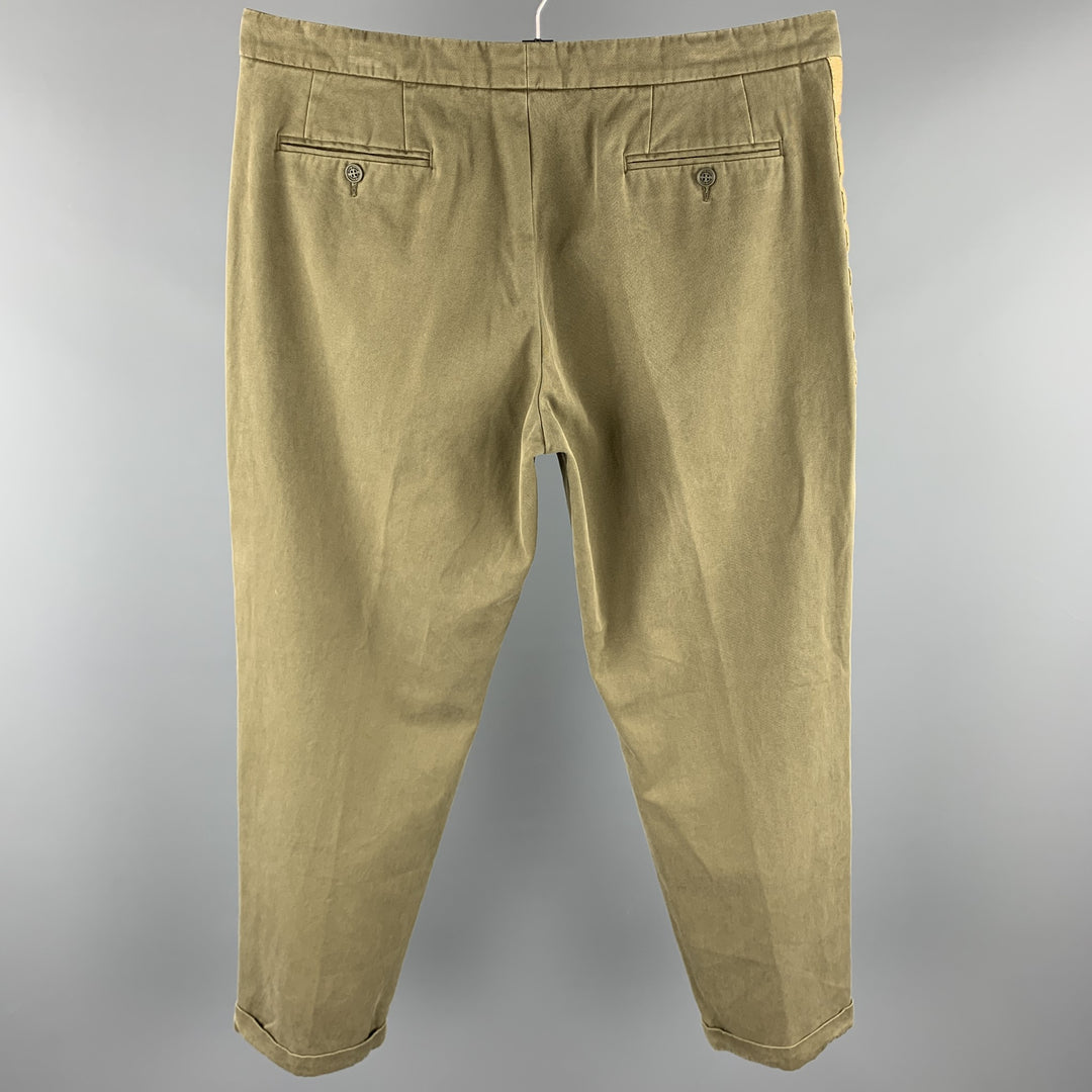 PALM ANGELS Talla 38 Pantalones de vestir plisados ​​con botones a rayas y cinta dorada de algodón verde oliva