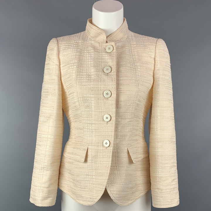 ARMANI COLLEZIONI Size 6 Cream Seersucker Silk / Viscose Buttoned Jacket