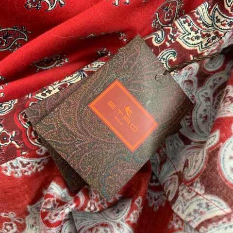 ETRO Size S Red Cream Paisley Cotton Hidden Placket Long Sleeve Shirt