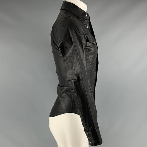 SAINT LAURENT Size 34 Black Leather Western Long Sleeve Shirt