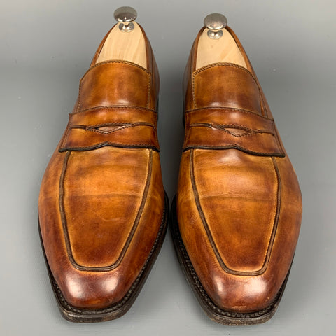 BONTONI Size 10 Tan Burnished Leather Penny Loafers