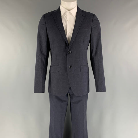 ETRO Size 38 Navy Paisley Wool  Elastane Notch Lapel 32 31 Suit