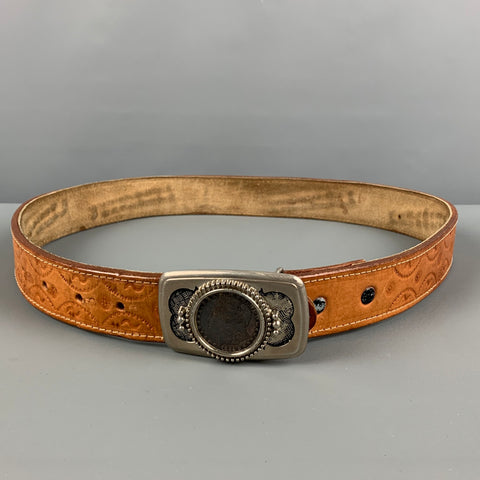 VINTAGE Taille 36 Tan Tissé Cuir Pluribus Unum Coin Buckle Belt