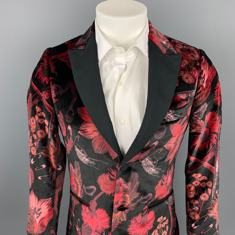 PAUL SMITH Soho Fit Size 36 Burgundy & Black Print Velvet Peak Lapel Sport Coat