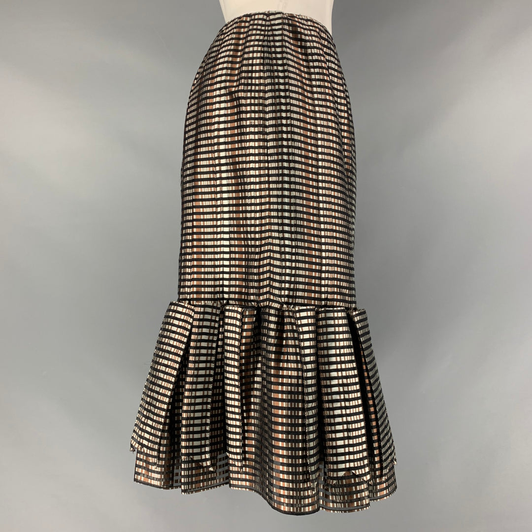 CAROLINA HERRERA Size 4 Grey,  Black &  Brown Silk Checkered Pleated Skirt