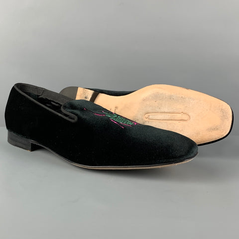 PAUL SMITH Size 12 Black Embroidery Velvet Slip On Loafers