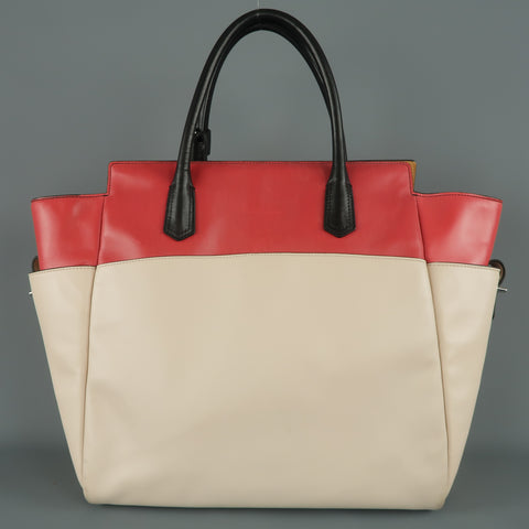 REED KRAKOFF Red Black & Light Pink Leather Tote Handbag