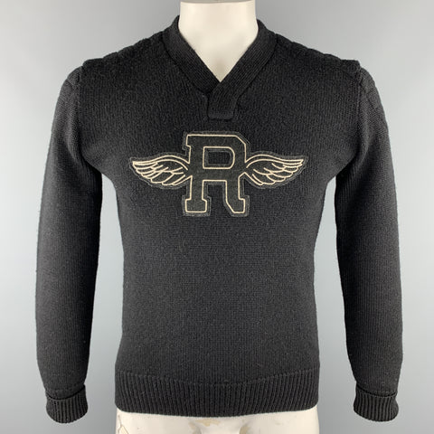 RALPH LAUREN RUGBY Jersey negro de lana de punto con cuello en V y parche en el codo talla S