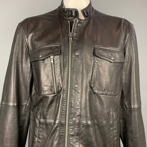 JOHN VARVATOS Size XXL Black Leather Zip Up & Snaps Jacket