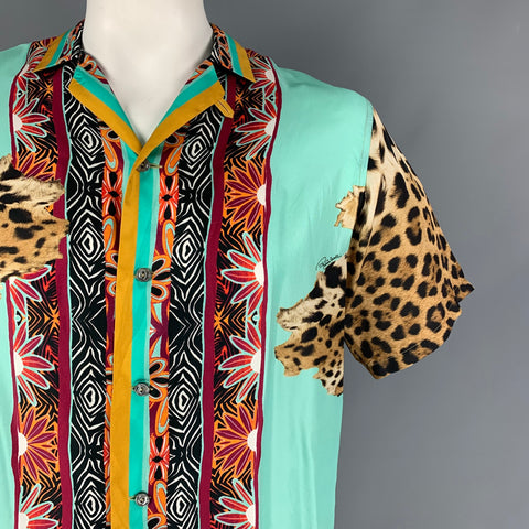 ROBERTO CAVALLI Size 48 Multi-Color Animal Print Silk Short Sleeve Shirt