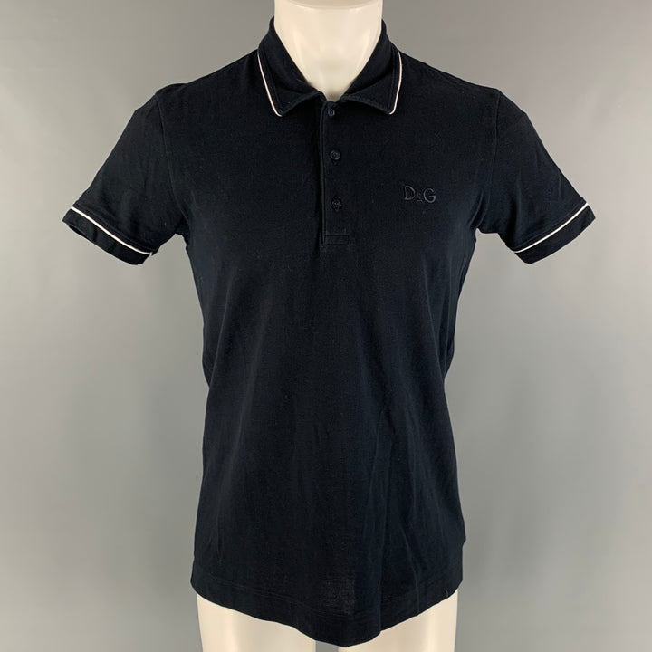 D&G by DOLCE & GABBANA Size M Navy White Solid Cotton Buttoned Polo