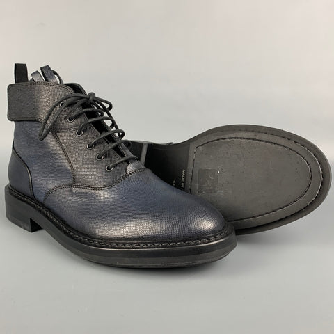KRIS VAN ASSCHE Size 10 Navy Textured Leather Lace Up Boots