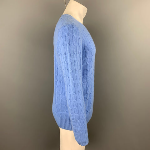 RALPH LAUREN Size S Blue Cable Knit Cashmere Crew-Neck Sweater