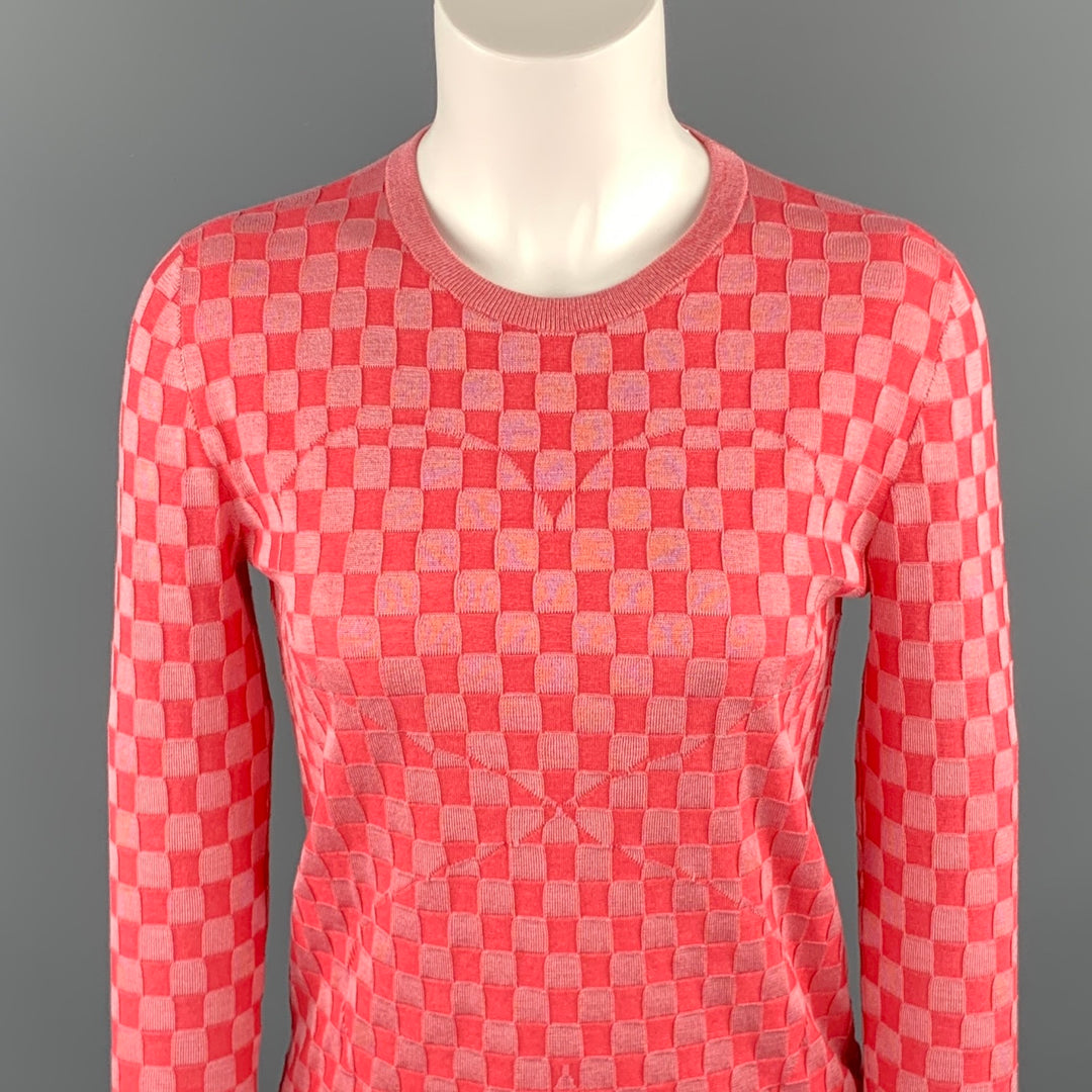 AKRIS Size 2 Pink Checkered Silk Blend Crew-Neck Pullover