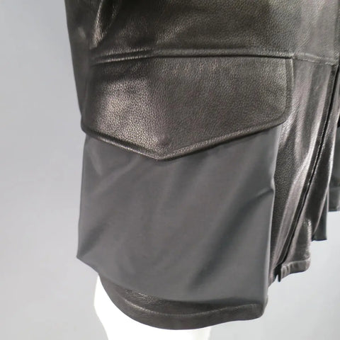 ERMENEGILDO ZEGNA 42 Black Pebbled Leather & Nylon Collared Coat ERMENEGILDO ZEGNA
